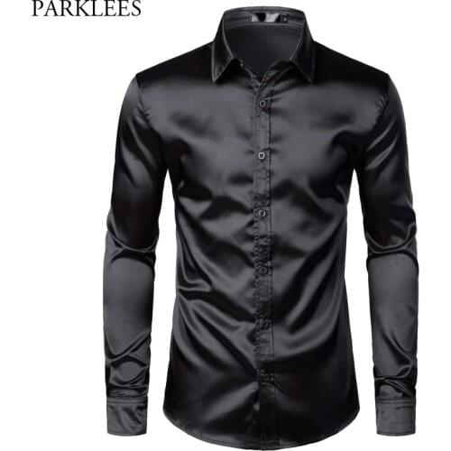 Mens Black Satin Luxury Dress Shirts 2019 Silk Smooth Men Tuxedo Shirt Slim Fit Wedding Party Prom Casual Shirt Chemise Homme