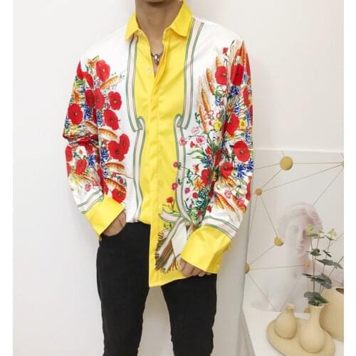 2021 New Style Men 3D Floral Yellow Shirt Long Sleeve Digital Printed Shirt Fashion Party Club Dress Up Trend Pattern Casual Top