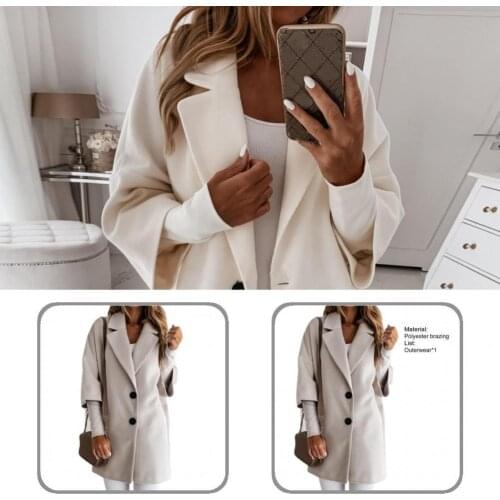 Soft Classic Lapel Side Pockets Long Warm Woolen Coat Autumn Winter Woolen Coat 3/4 Sleeve for Office