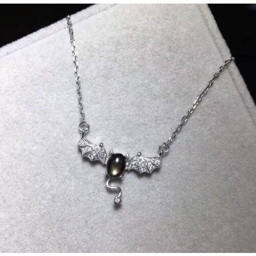 Natural black sapphire Necklace natural gemstone Pendant Necklace S925 silver Punk personality Evil spirits bat women Jewelry