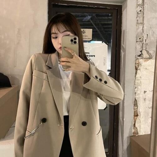 Spring Autumn 2021 new coat women Hong Kong-style solid chain Harajuku style fashion loose female casual long-sleeve suit jacket