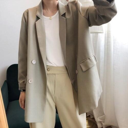 Korean Khaki Blazers Women Loose Double Breasted Long Sleeves Black Suit Jacket Female Casual Turndown Collar Spring Autumn 2021