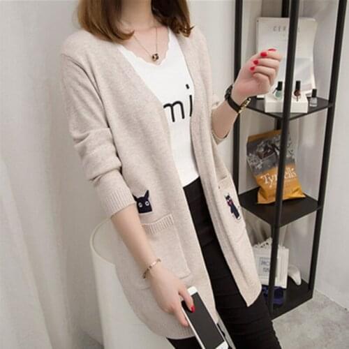 2019 Casual Long Knitted Cardigan Autumn Fashion Elegant Women Loose Solid Color Pocket Outwear Sweater Female Cape Cartoon Top