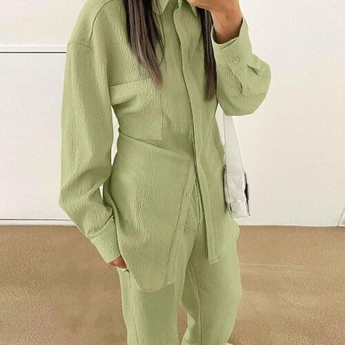 Green Casual Two Piece Pants Sets 2021 Autumn Vintage Long Sleeve Top and Wide Leg Pants Single Breasted Elegant Suit with Pants