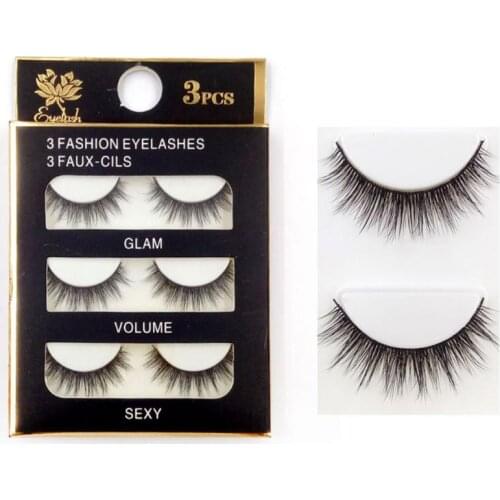 3 Pairs 3D Mink Hair Fake Eyelashes Natural Curling False Eyelashes Handmade Black Stems Bushy Volume Reusable Eyelash Extension