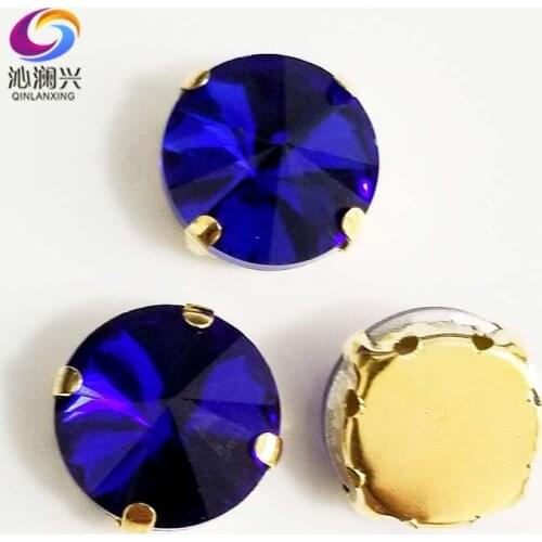 Royalblue round shape golden bottom AAA Glass Crystal sew on claw rhinestones with holes,Diy Clothing accessories SWRG10