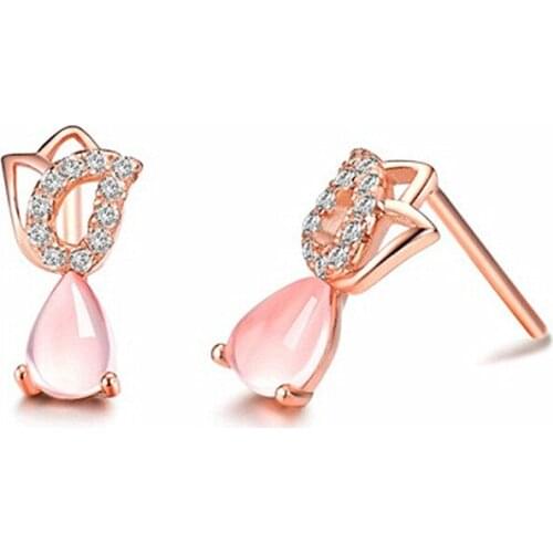 Ociki Rose Gold Color Cubic Zirconia Ross Quartz Cute Tulips Flower Pink Opal CZ Earrings for Women Girls Drop Shipping Gift