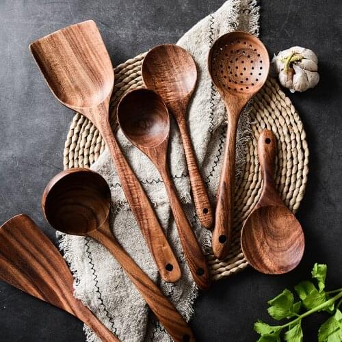 Thailand Teak Natural Wood Tableware Spoon Ladle Turner Long Rice Colander Soup Skimmer Cooking Spoons Scoop Kitchen Tool Set