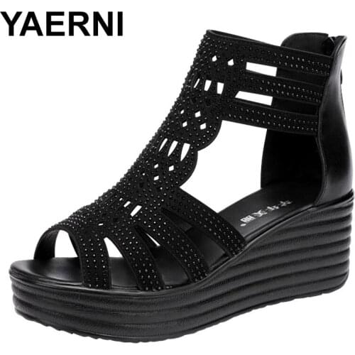 YAERNISmall Plus Size 32-43 Open Head Back Zip Platform Sandals Women Summer 2021 Elegant OL High Heels Wedges Gladiator Sandals