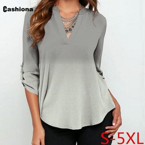 Large Size 5xl Women Elegant Leisure Casual V-neck T-shirt Gradient Print Top Long Sleeve 2021 Autumn Tees shirt Femme Clothing