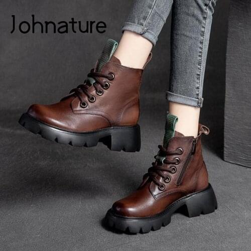 Johnature Shoes Women Boots Genuine Leather 2021 New Autumn Winter Lace-Up Round Toe Leisure Concise Handmade Ladies Boots