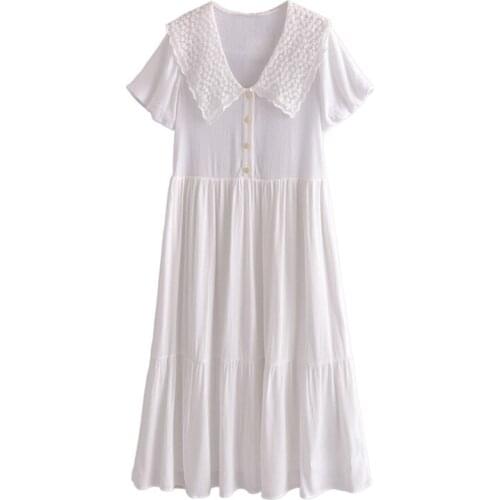 Women Elegant A Line White Cotton Midi Dress Sweet Peter Pan Collar Embroidery Dress Female Butterfly Sleeve Dresses