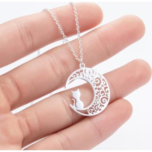 Bijoux Lovely Cat Jewelrys Stainless Steel Necklace for Women Hollow Cat Moon Necklace Collar Fashion Necklace Girls 2020