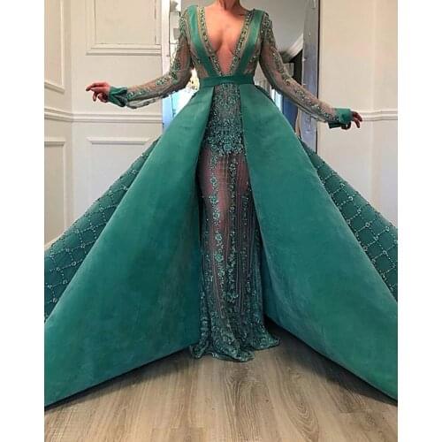 Abiye Emerald Green Flower Lace Mermaid Evening Dresses With Detachable Train 2021 Beaded Sexy Long Prom Gowns Full Sleeves