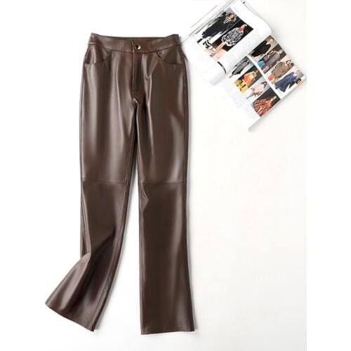 100% Sheepskin Leather Pants Female Korean Fashion Flare Pants Black Trousers for Women Spring 2021 Pantalones De Mujer Pph3952
