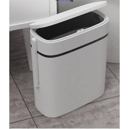 14L Smart Trash Can Bathroom Zero Waste Bin One Key Garbage Bin Trash Bag Holder in the Kitchen w/ Brush for Toilet Narrow Seam