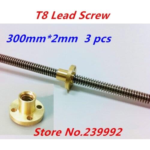 3pcs T8 8mm screw 300mm length 2mm lead trapezoidal spindle screw with 3pcs brass copper nut for cnc parts stepper motor