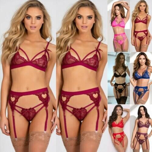 3pcs Women Sexy set Lace Garter stock clip Exotic Bandage Nightwear Sheer Underwear G-string Transparent Babydoll женское платье