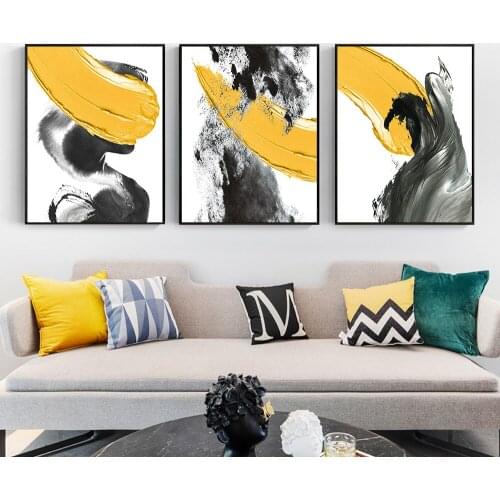 Abstract Yellow With Black Painting Printed On Canvas Nordic Wall Art Picture Prints And Poster For Room Coffee Decoration