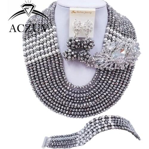 ACZUV 10 Rows African Beads Silver Jewelry Set for Nigerian Wedding Bridal Jewelry Sets 10LBJZ031