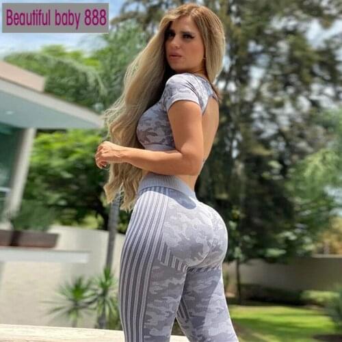 Meqeiss Seamless Design Graphics Sportswear 2 Two Piece Sets Women Backless Y2K CamouflageTops T-shirt Leggingss Suits Female