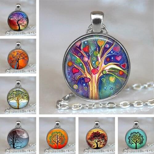 Tree Of Life Glass Cabochon Statement Necklace Charm Glass Pendant Steampunk Accessories Gift for Women Vintage Jewelry