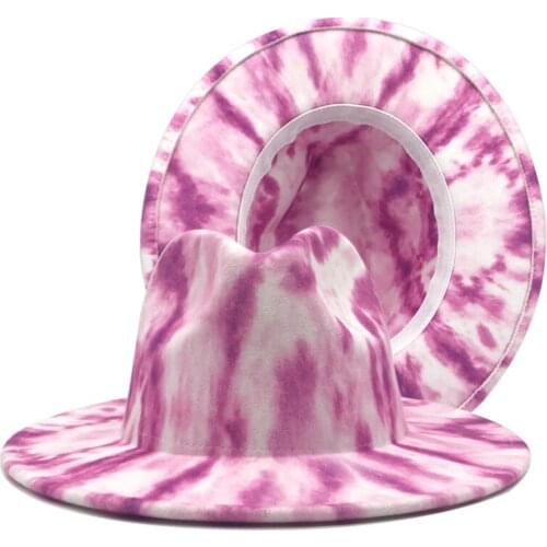 Wide-brim double-sided tie-dye women woolen hat early spring color hat ladies big-brimmed jazz felt hat ink painting Panama hat