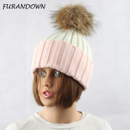 FURANDOWN 2017 Womens Winter Fur Pompon Hat Fashion Lady Warm Knit Patchwork Cap Gorros Bobble Ski Hat