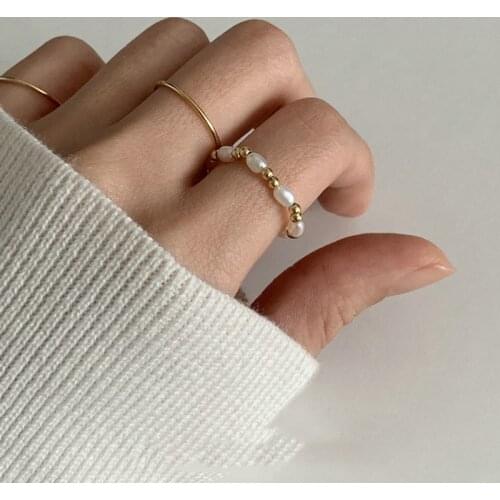 WTLTC Gold Ball Freshwater Pearls Rings For Women Adjustable Beaded Finger Rings Thin Elastic Stacking Rings Bohemia Femme Gifts