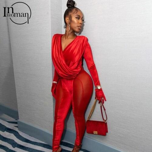 Inwoman Sexy Summer Bodycon Black Red Long Sleeve Jumpsuit Women Sleeveless Skinny Mesh Transparent Jumpsuits Female Outfit New