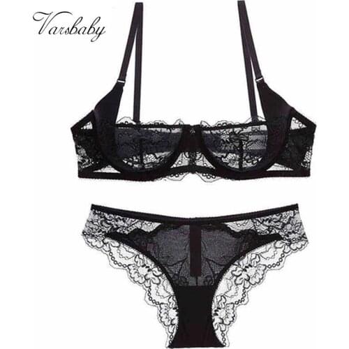 Varsbaby sexy ultra-thin floral lace half cup transparent bra set 1 bra+1panty 2psc