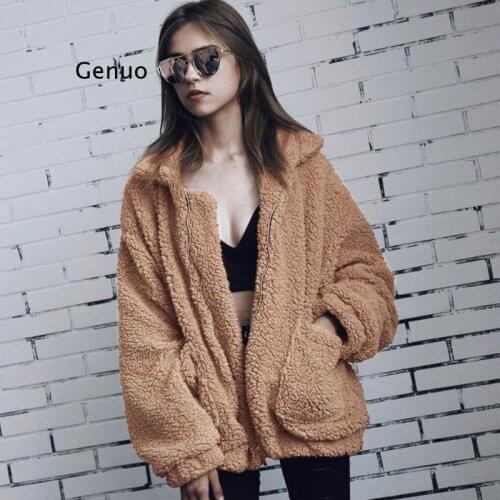Genuo Faux Women Casual Warm Soft Zipper Fur Jacket Plush Overcoat Pocket Plus Size Teddy Coat Cardigan Female XL Autumn Winter