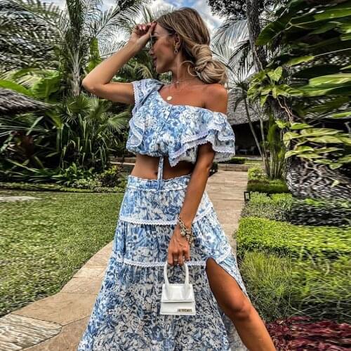 Summer Women Beach 2pcs Set Autumn Casual Boho Split Skirts Suits Sexy Off-shoulder Double Ruffle Tops Blouse+Lace Skirt Outfits