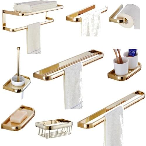 Leyden Solid Brass Bath Hardware Sets Gold Finish Wall Mounted Tolilet Brush Holder Towel Ring Paper Holder Bathroom Accessories