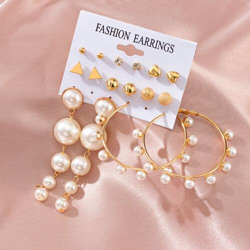 Fashion Geometric Pearl Hoop Earrings Set for Women Statement Vintage Punk Gold Metal Circle Drop Earrings Brincos 2021 Jewelry