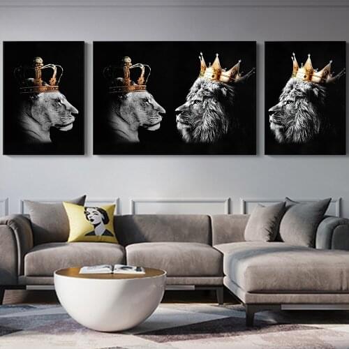 Male Lion And Lioness Wearing Crown Black And White Wildlife Pictures Print Living Room Home Wall Art Decoration Canvas Poster