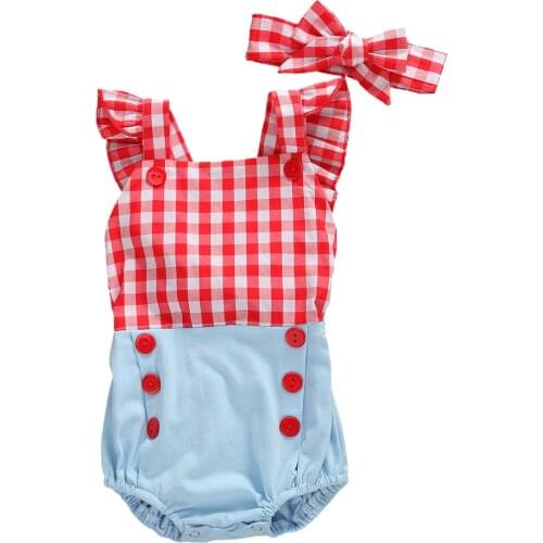 0-24M Newly Summer Cute Baby Girls Boys Rompers Headband 2pcs Plaid Print Ruffles Sleeve Jumpsuits Outfits