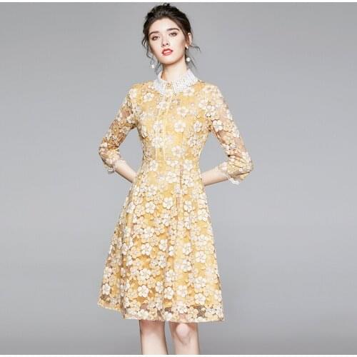 LUKAXSIKAX 2020 New Spring Autumn Women Dress High Quality Temperament Peter pan Collar Goose Yellow Floral Lace Dress
