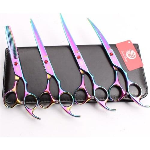 Z3003 4Pcs 7" Hairdresser For Dog Purple Dragon Cutting+Thinning Scissors+Up&Down Curved Shears Professional Pets Hair Scissors