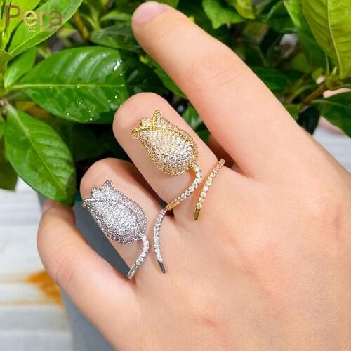 Pera Precious Resizable Size Shiny CZ Yellow Gold Rose Flower Wedding Promise Rings for Lovers Anniversary Jewelry Gift R168