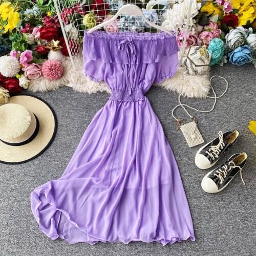 Vacation Dress Super Fairy Sweet Pleated Ruffled Collar Off-shoulder Western Style Over-the-knee Chiffon Long Skirt