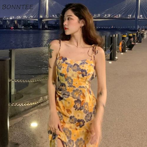 Dresses Women Sleeveless A-line Summer Floral Side-slit Thin Streetwear Elegant Ladies French Style Printing Aesthetic Students