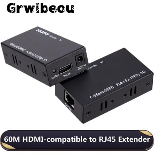 Grwibeou 60M HDMI-compatible to RJ45 Extender Splitter Sender&Receiver Over Ethernet CAT 5E/6 1080P FHD for TV PC Laptop HDTV