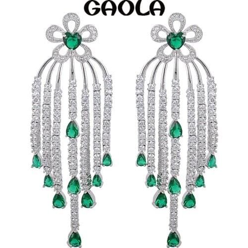 Luxury Jewelry Elegant Micro-inserts AAA CZ Long Crystal Tassels Flowers Shape Dangle Drop Earrings for Women GLE5202