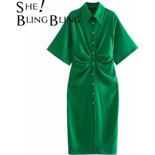 SheBlingBling 2021 Za Short Sleeve Single Breasted Ruched Detail Women Casual Shirt Tunic Dress Green Midi Pencil Dresses Female