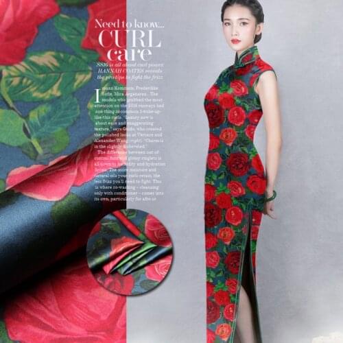 PRINTED SILK STRETCH SATIN 118cm width 19momme Pure Silk Fabric Chinese Traditional Silk Dresses Rose Pattern