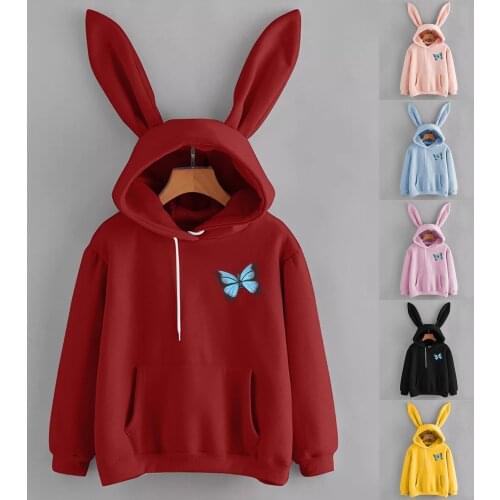 Harajuku Rabbit Ear Hoodies Japan Korean Teen Girls Hooded Sweatshirt Long Sleeve Plush Warm Winter Clothes Women Pullover Coats