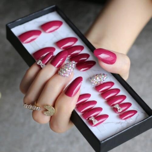 Stiletto Fake nails UV red full crystal bow flower fake nails Rose almond full set 26pcs medium customize logo DIY