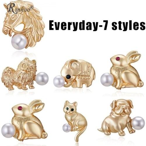 RINHOO Gold Color Animal Brooches Pins Bird Dog Cat Horse Elephant Rabbit Simulated Pearl Brooches Fashion Jewelry for Women
