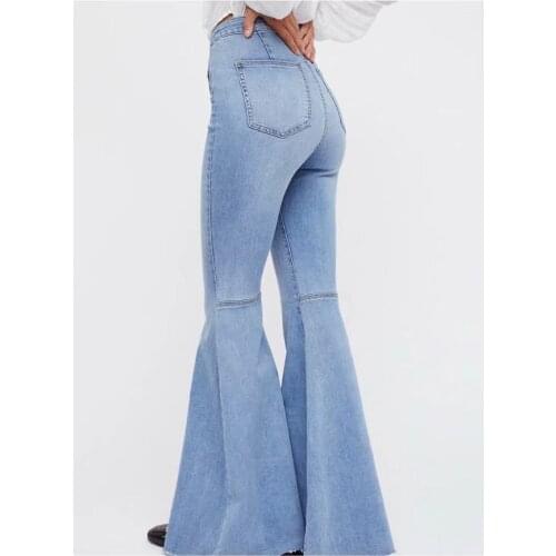 Women Denim Trousers Street Style Big Flare Pants Lady Trendy Full Length Stretch Stitching Jeans Women High Waist Slim Trousers